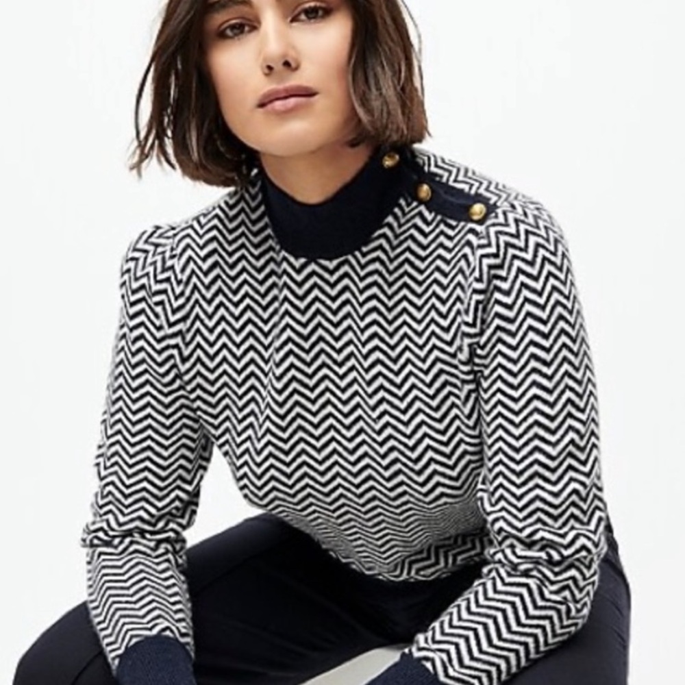 J. Crew | navy/white chevron mock neck sweater with gold button detail